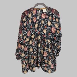 Knox Rose Women’s Babydoll Peasant Black Floral Top Hippie Boho Cottagecore L